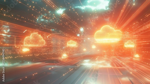 Global network data flow, cloud computing, digital world, fast speed, abstract background, technology concept