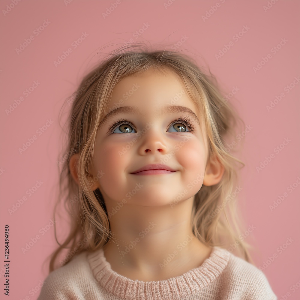 Joyful Young Girl with Sparkling Eyes, Playfully Imagining Something Wonderful, Pastel Pink Background, Modern Minimalistic Style Joyful Young Girl with Sparkling Eyes, Playfully Imagining Something Wonderful, Pastel Pink Background, Modern Minimalistic Style
