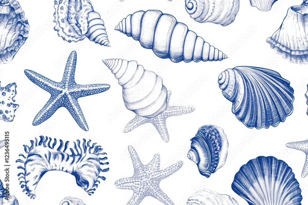 A seamless pattern of hand drawn blue line art seashells, starfish and corals on a white background A seamless pattern of hand drawn blue line art seashells, starfish and corals on a white background