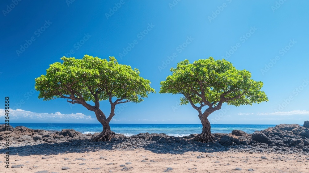 Two beautiful trees on the edge of an ocean beach, surrounded by rocks and with a clear blue sky. Stunning nature photography. Two beautiful trees on the edge of an ocean beach, surrounded by rocks and with a clear blue sky. Stunning nature photography.