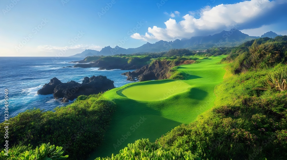 Fototapeta premium A golf course with a beautiful ocean view