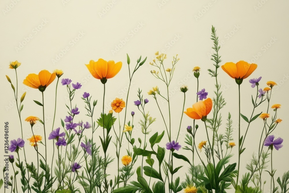 A seamless pattern of small wildflowers and plants, hand drawn in soft pastel watercolors on white background A seamless pattern of small wildflowers and plants, hand drawn in soft pastel watercolors on white background