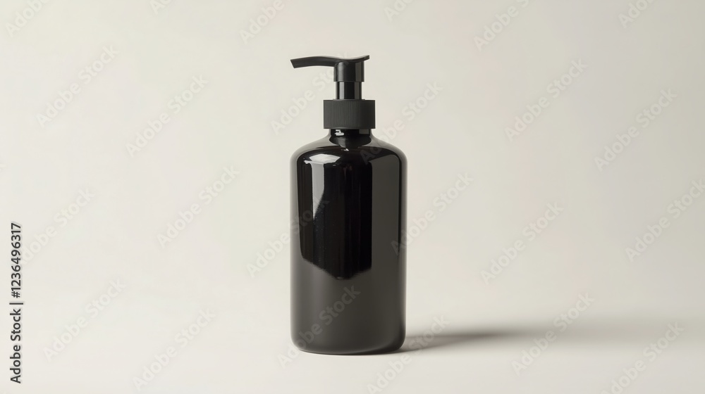 A bottle of black liquid soap with empty label, body wash. The glass jar has a plastic pump head for pouring out cream or water.
A bottle of black liquid soap with empty label, body wash. The glass jar has a plastic pump head for pouring out cream or water.