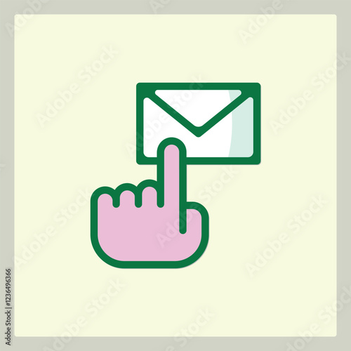 Hand Clicking on a Message Icon, Green and Pink Design with Off-White Background