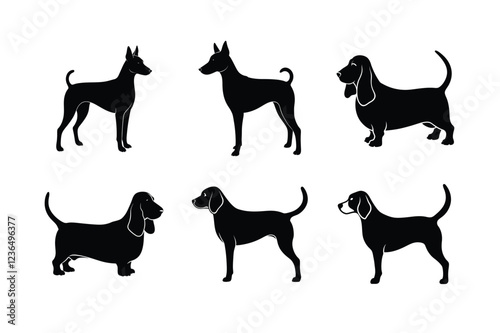 Silhouettes of different dog breeds in black