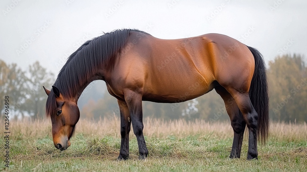 Majestic Brown Horse Grazing on Green Grass in Serene Pasture Majestic Brown Horse Grazing on Green Grass in Serene Pasture