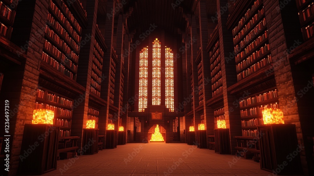 Grand Medieval Library with Tall Windows and Illuminated Shelves Grand Medieval Library with Tall Windows and Illuminated Shelves