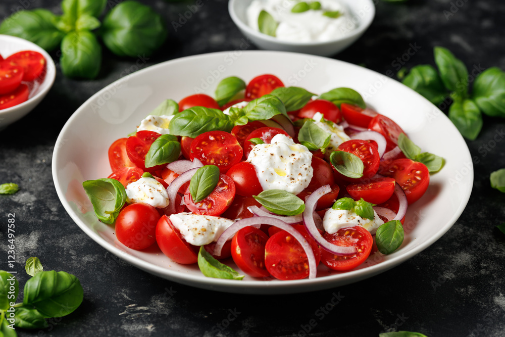 Ricotta cheese salad with cherry tomatoes, onion and basil. Healthy food Ricotta cheese salad with cherry tomatoes, onion and basil. Healthy food