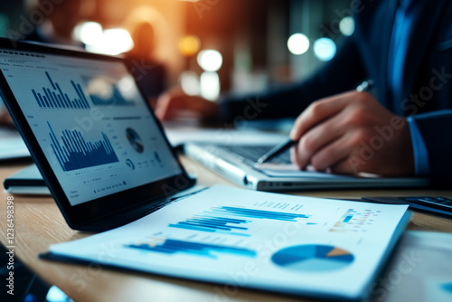 Detailed business analysis in a modern office interior desk environment close-up viewpoint of charts and reports photo