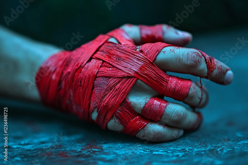 A close-up of a hand wrapped in red bandages, with visible blood stains. The hand is resting on a textured surface, creating a dramatic and intense atmosphere. photo