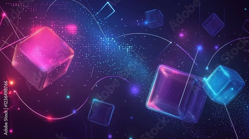 Abstract geometric shapes with vibrant colors floating in a cosmic scene with stars and lines
