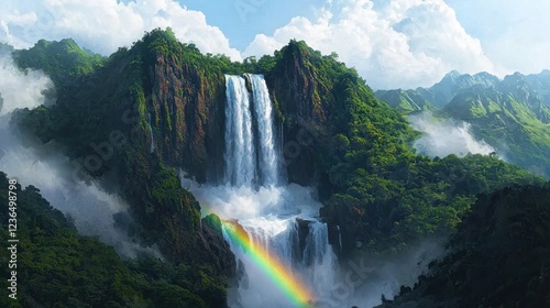 Majestic Waterfall Surrounded by Lush Greenery and Vibrant Rainbow