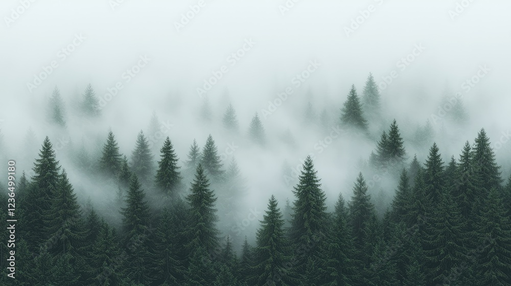Obraz premium Misty mountain forest, aerial view, tranquil scene, nature background, website banner