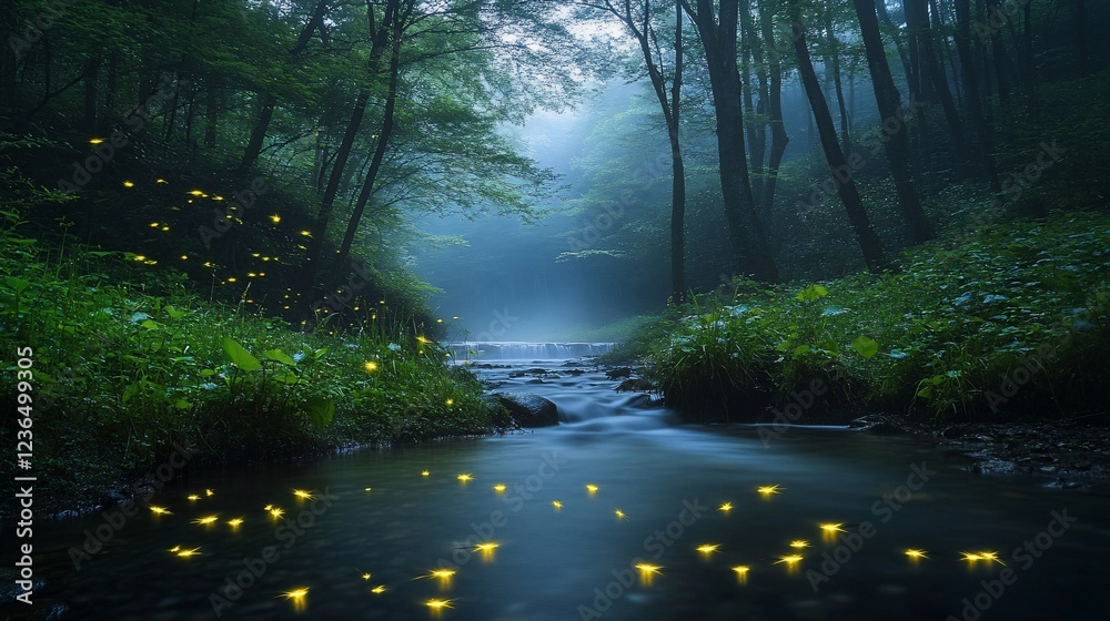 Obraz premium Enchanted Firefly River in a Misty Forest at Night: A Serene Landscape Photography