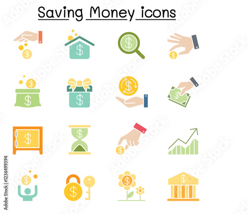 Saving money & Investment icon set in flat color style