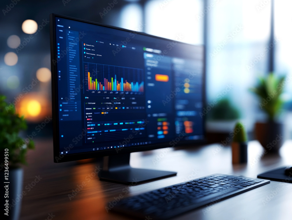 Data analysis in an office interior modern workspace computer screen display bright environment close-up view workflow insights Data analysis in an office interior modern workspace computer screen display bright environment close-up view workflow insights