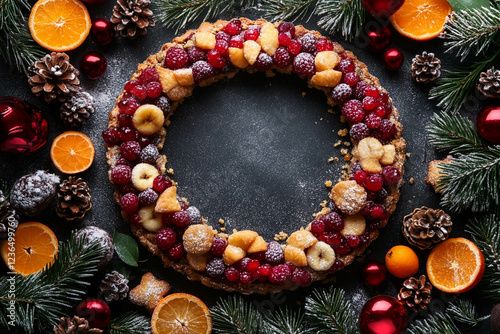 A festive dessert wreath decorated with fresh fruits like raspberries, bananas, and oranges, surrounded by pine branches, pine cones, and Christmas ornaments. photo