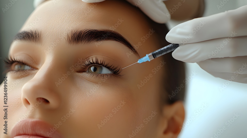 High-quality close-up shot of Botox treatment being administered to a persons forehead, clear background with space for text. High-quality close-up shot of Botox treatment being administered to a persons forehead, clear background with space for text.