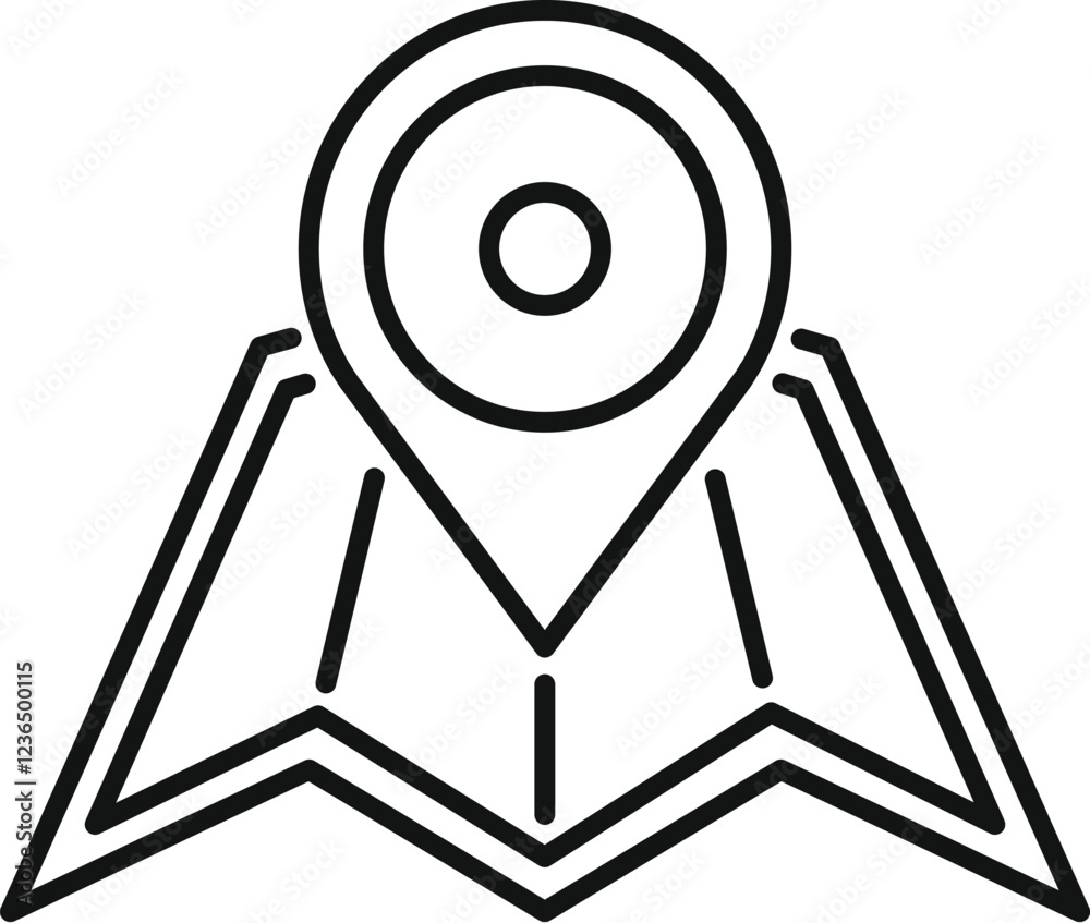Pin icon pointing location on stylized folded map, indicating specific destination or point of interest Pin icon pointing location on stylized folded map, indicating specific destination or point of interest