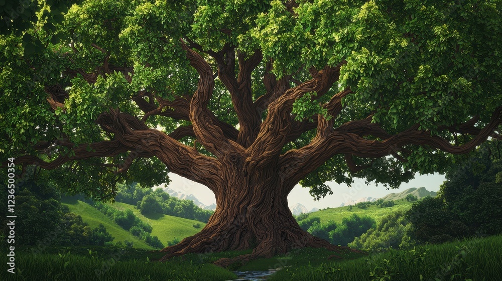 Majestic Old Tree with Lush Green Foliage in a Peaceful Landscape Majestic Old Tree with Lush Green Foliage in a Peaceful Landscape