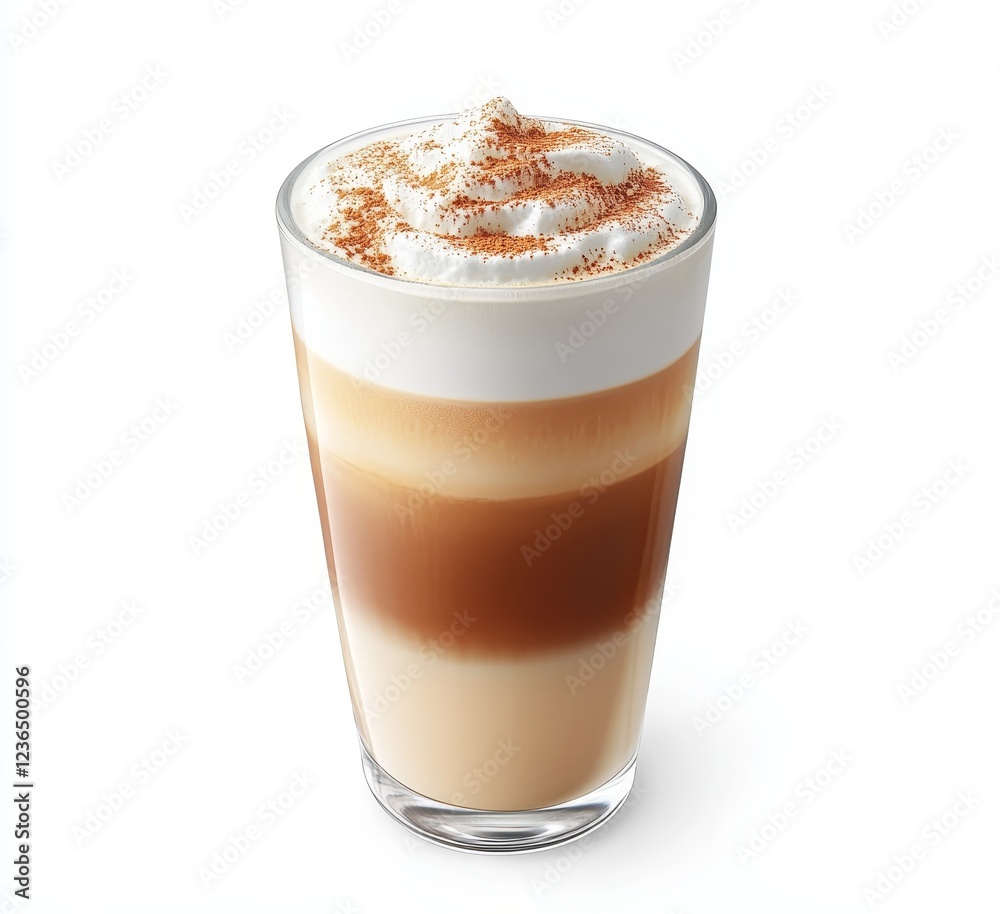 Layered latte, whipped cream, cinnamon, studio shot, beverage menu Layered latte, whipped cream, cinnamon, studio shot, beverage menu