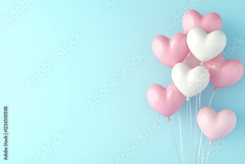 Romantic Heart Balloons in Soft Pastel Colors Floating Against a Light Blue Background