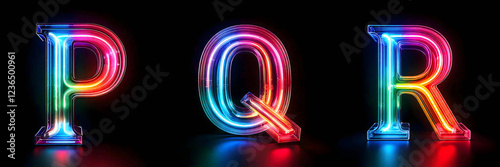 Letters P, Q, R. LED Alphabet: Realistic RGB Glowing Letters