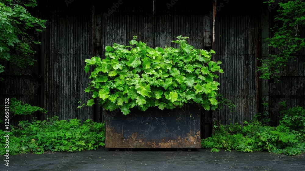 Lush greenery in rusty container, overgrown factory backdrop, nature reclaiming industry Lush greenery in rusty container, overgrown factory backdrop, nature reclaiming industry