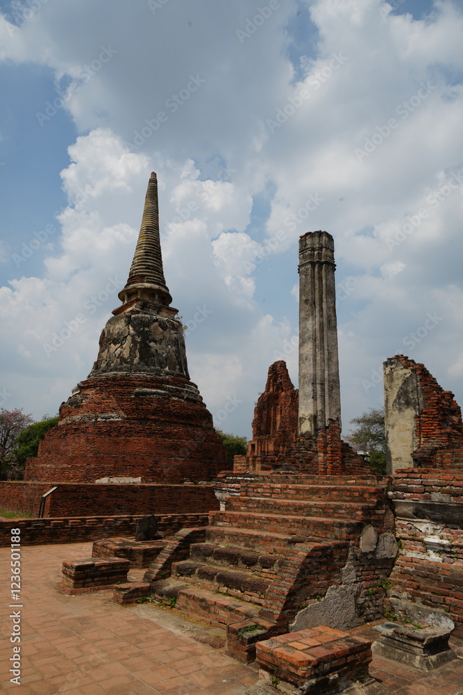 Fototapeta premium Wat Mahathat, Ayutthaya Province, Thailand, destroyed by the Burmese in 1767. Photo taken on 29 March 2024.