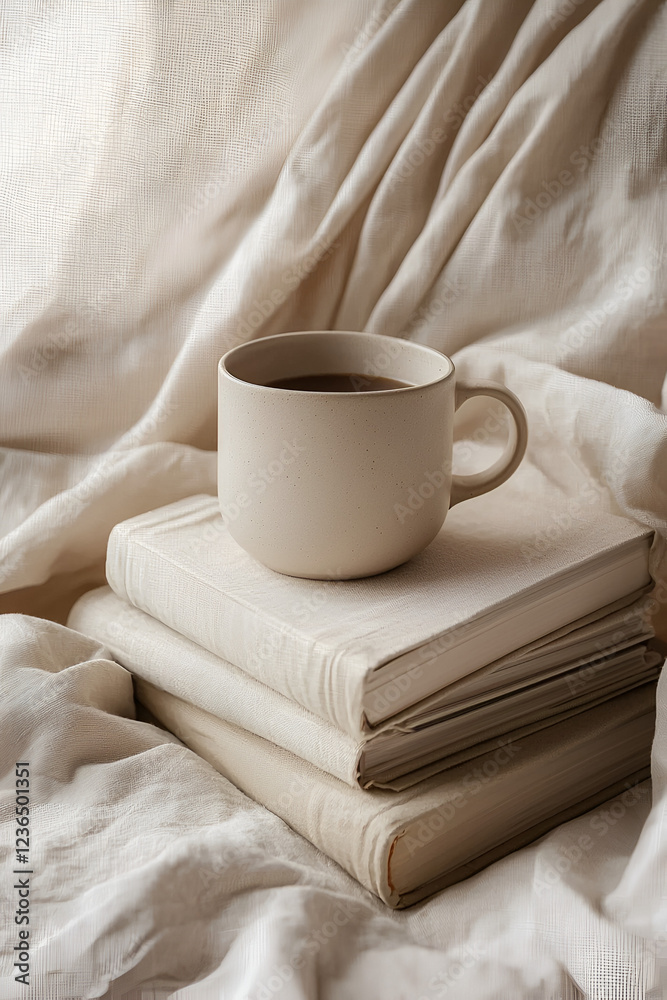 A cozy morning scene with a warm beverage and a stack of books nestled in soft fabric.