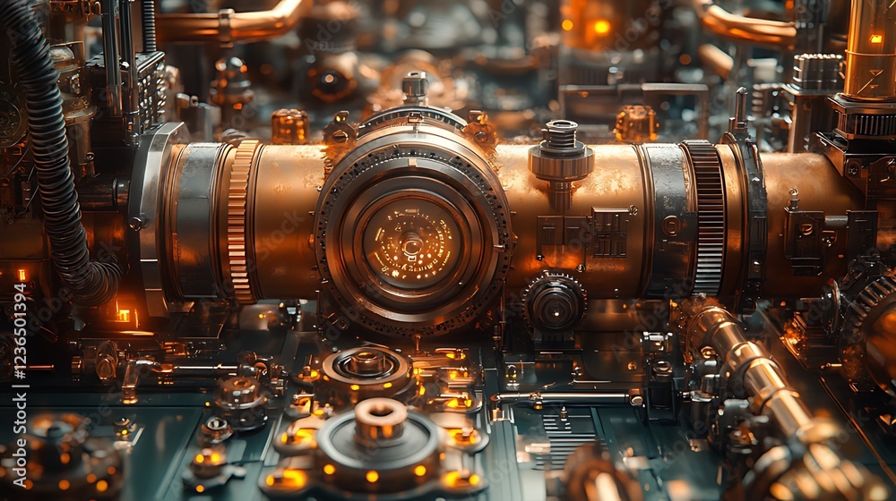 Fototapeta premium Close-up of intricate steampunk-style mechanism with glowing orange accents.