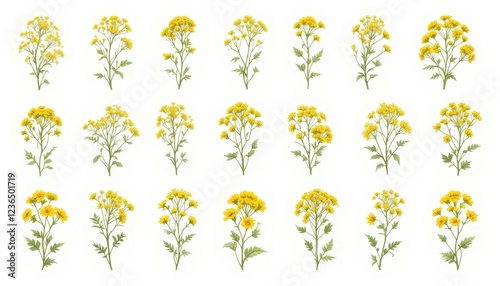 A set of goldenrod flower illustrations on a white background