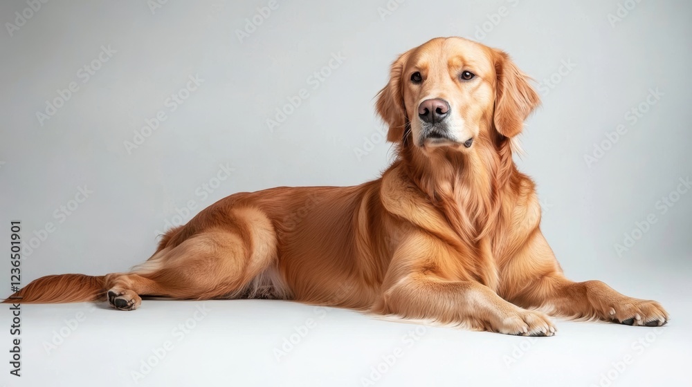 Golden retriever laying down on white background