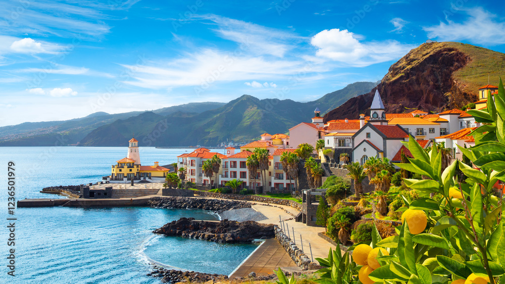 Panoramic view of the small village of Canical, near Ponta de Sao Lourenco. Madeira Island, Portugal