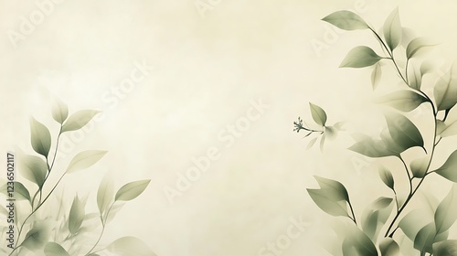Delicate Green Branches and Leaves on Beige Background