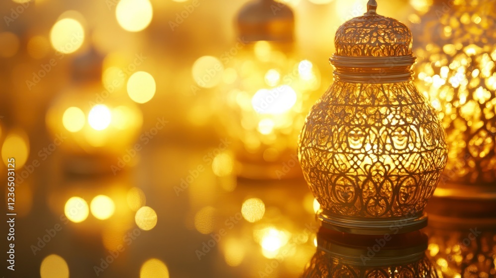 A close-up of golden Islamic lamps with intricate designs, glowing softly in the background. A close-up of golden Islamic lamps with intricate designs, glowing softly in the background.