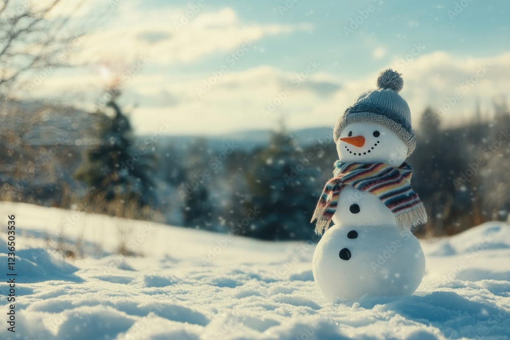 Obraz premium Charming Snowman Standing in Winter Snowy Landscape with Soft Light and Snowflakes Falling