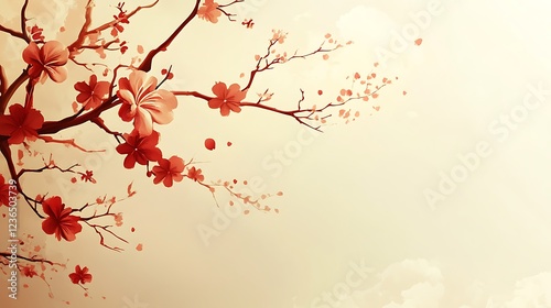 Red Blossoms Branching Out Against a Soft Beige Sky