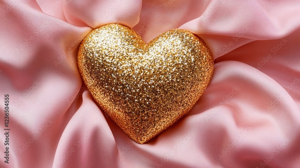 Fototapeta premium Glittering gold heart on pink satin fabric