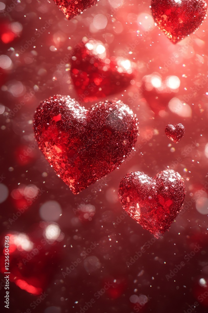 Red Glitter Hearts Falling In Romantic, Bokeh Background. Red Glitter Hearts Falling In Romantic, Bokeh Background.