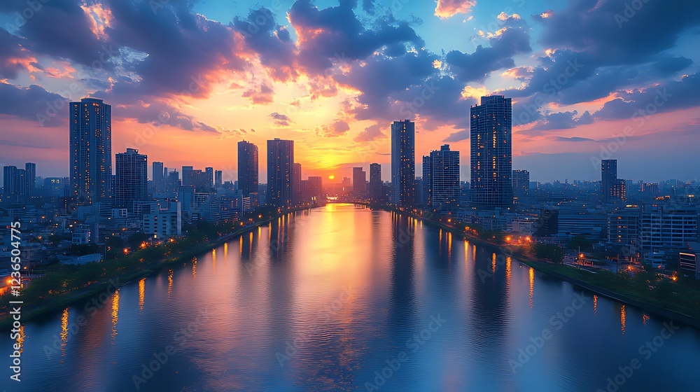 Fototapeta premium Vibrant sunset over a city skyline reflected in a calm river.