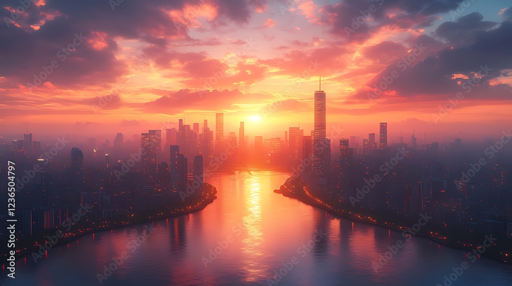 Fototapeta premium Vibrant sunset over a sprawling cityscape with a river reflecting the warm light.