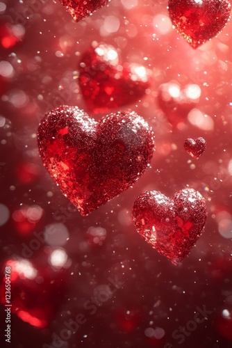 Red Glitter Hearts Falling In Romantic, Bokeh Background.