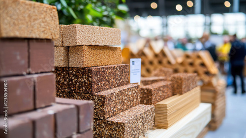 Sustainable construction materials displayed in modern showcase, highlighting eco friendly options