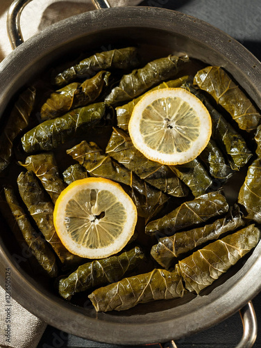 Dolmas, yaprak sarma - classic appetizer or meze. Grape leaves stuffed with rice and fresh herbs. photo