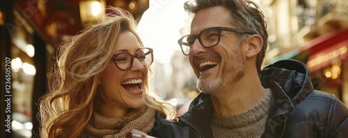 Wallpaper Mural A joyful couple laughs together while walking in a vibrant urban setting, wearing stylish glasses and cozy sweaters, capturing a moment of happiness. Torontodigital.ca