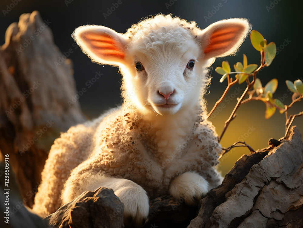 Fototapeta premium Young Lamb Resting Peaceful On Rustic Log In Shaded Garden