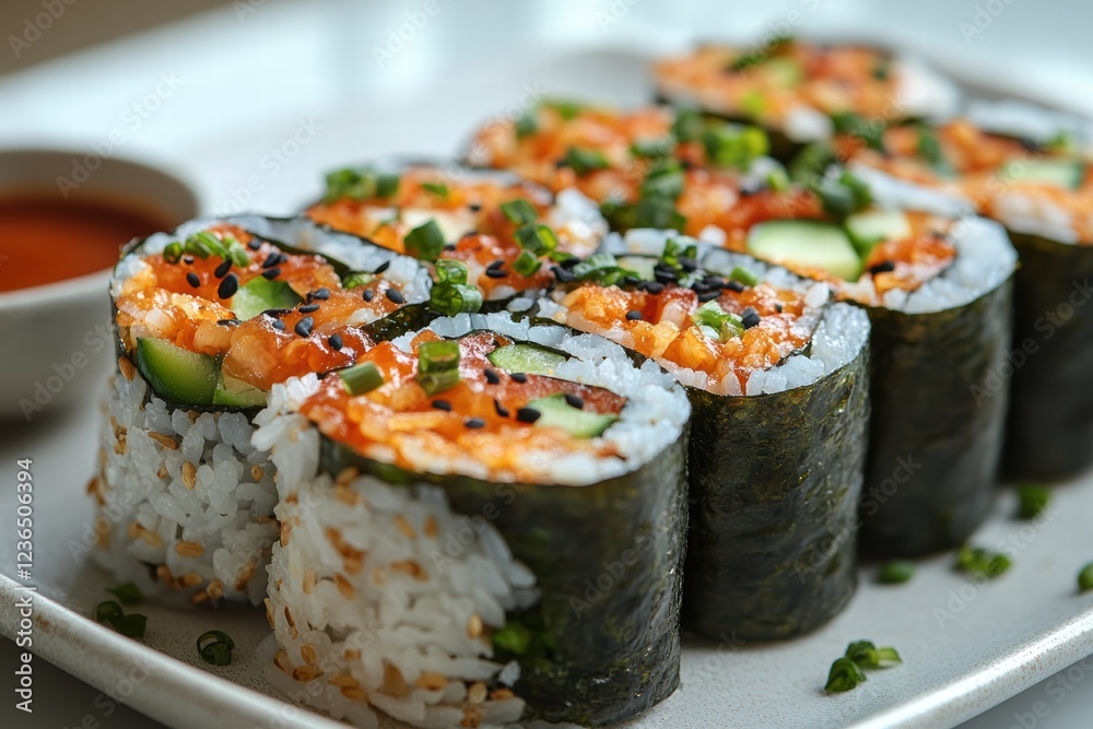 Delicious sushi rolls with rice, vegetables, and sauce served in a wrap style Delicious sushi rolls with rice, vegetables, and sauce served in a wrap style