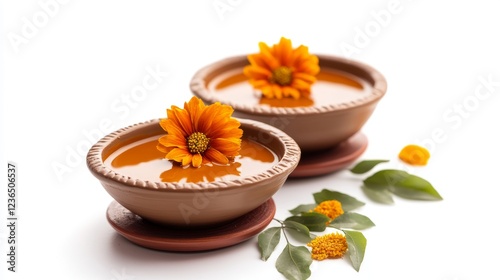 KALI PUJA PRADIP THALI WITH FRESH MARIGOLD FLOWER ON CLAY THALI ISOLATED ON WHITE BACKGROUND WITH SELECTIVE FOCUS photo