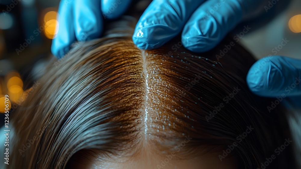 Fototapeta premium High-quality close-up of a hair loss treatment session, professional applying topical solution, soft-focus background for text.